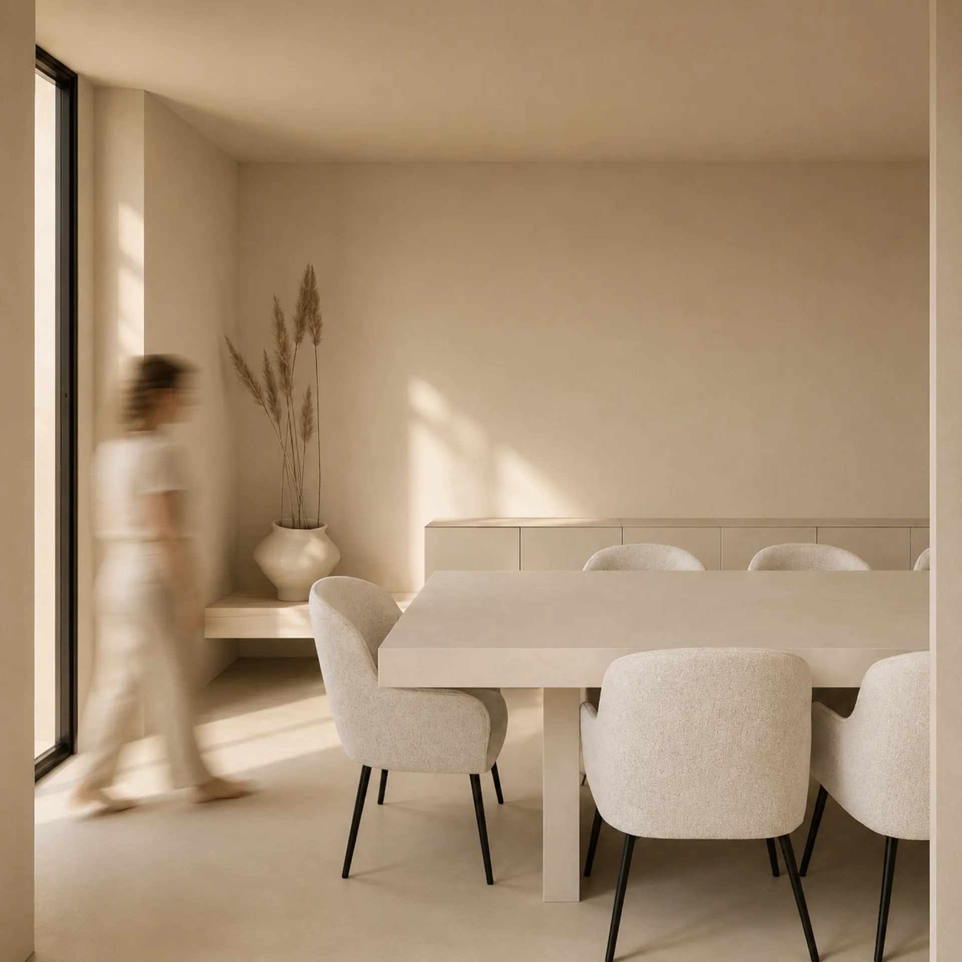 La zona pranzo di Appartamento G: la panca sospesa in legno schiarito sostiene la madia contenitore