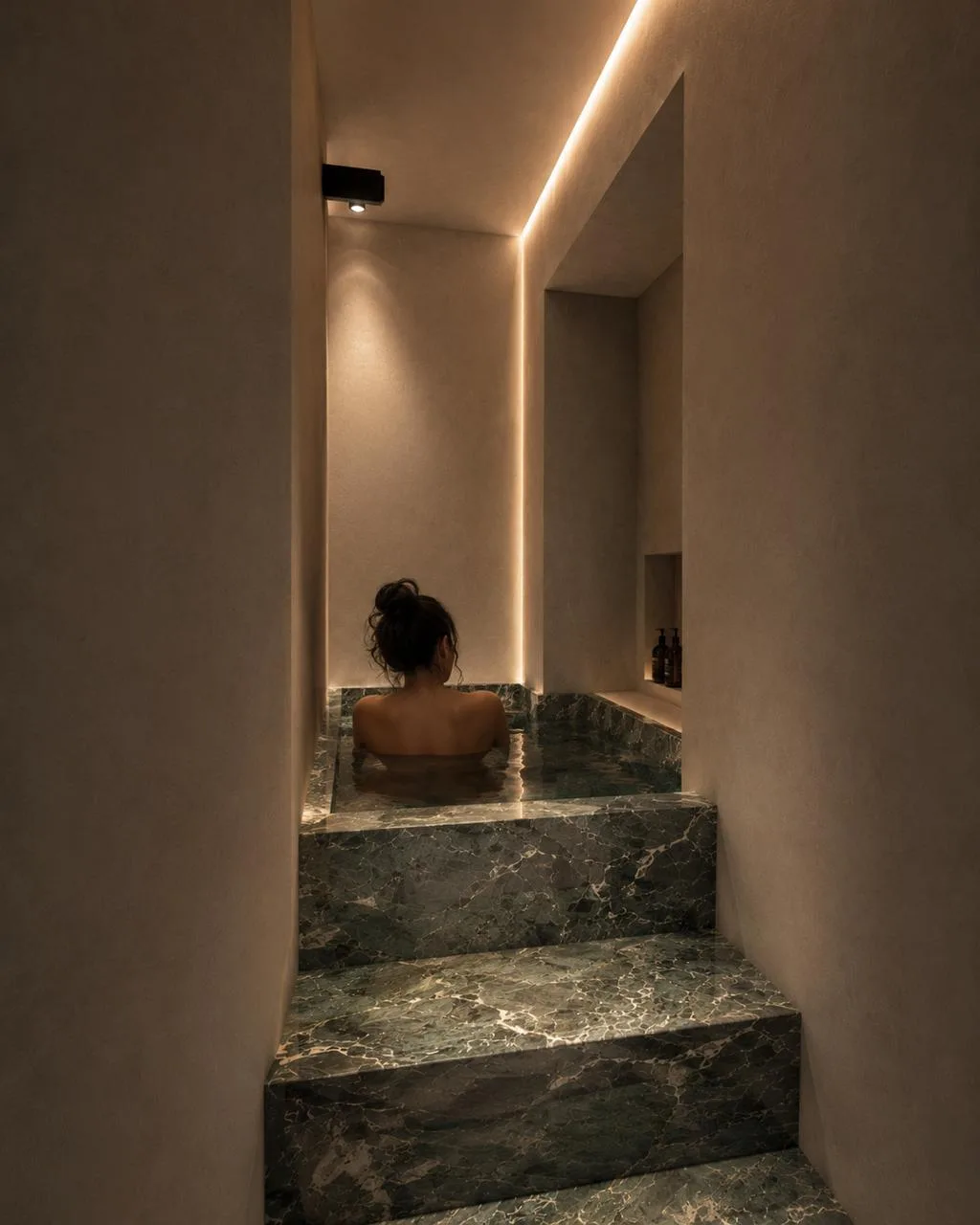 Il bagno in marmo verde di Casa AM, con la linea di luce che accompagna la vasca