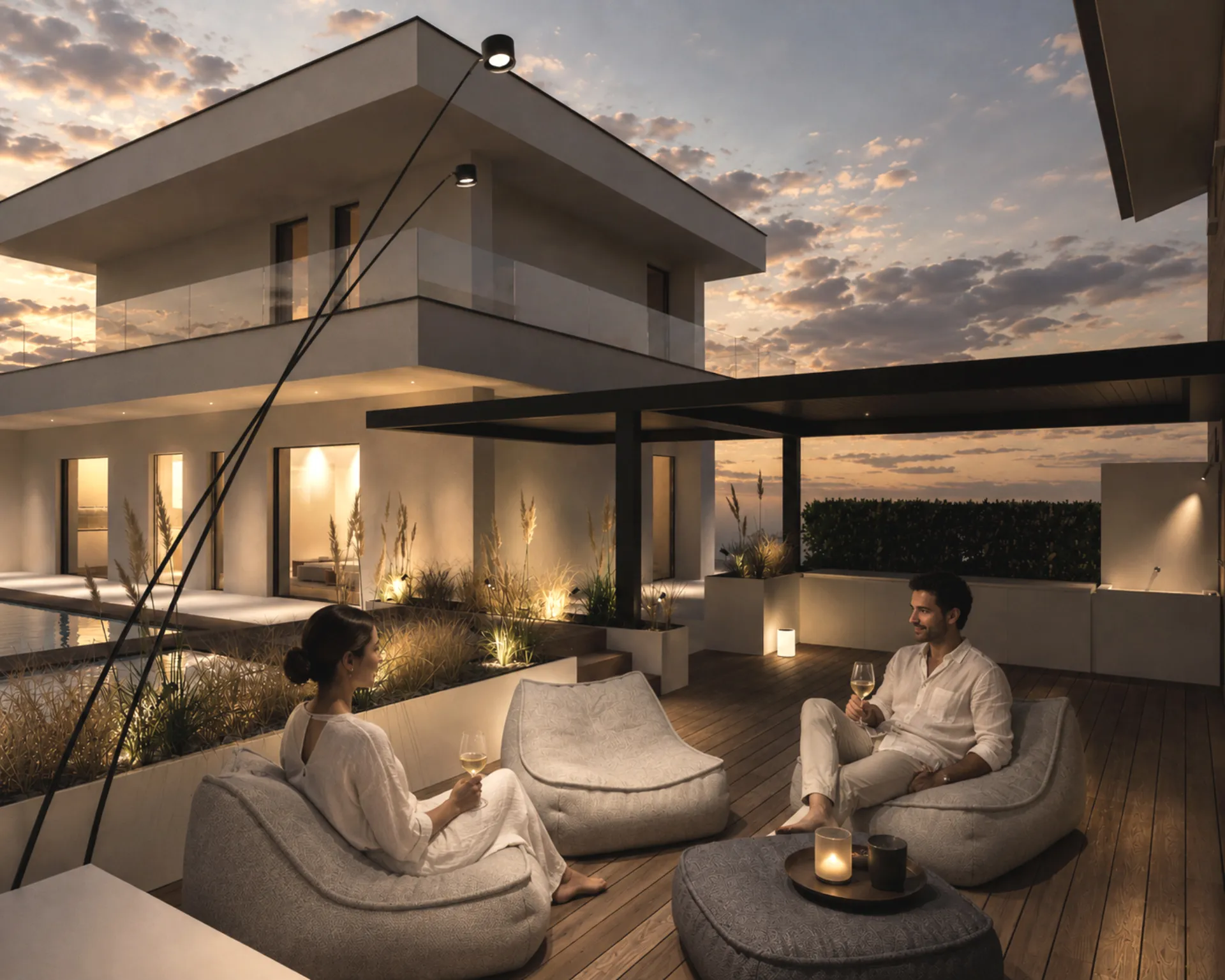 La terrazza di Villa D al tramonto, punti di luce bassi tra le sedute