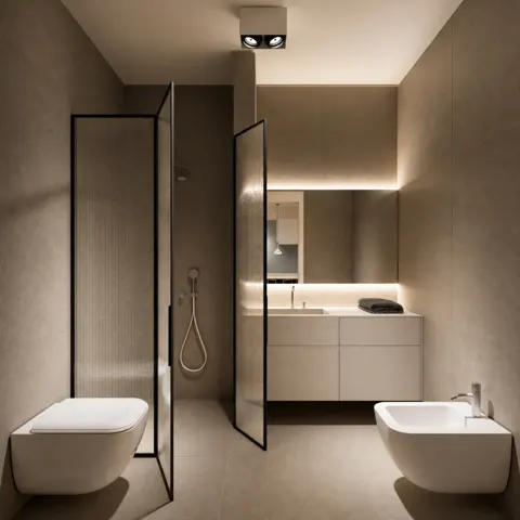 Il bagno con la doccia aperta e la luce verticale