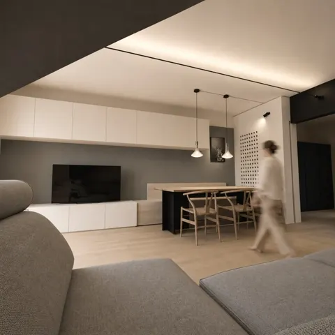 La zona giorno con la linea di luce continua